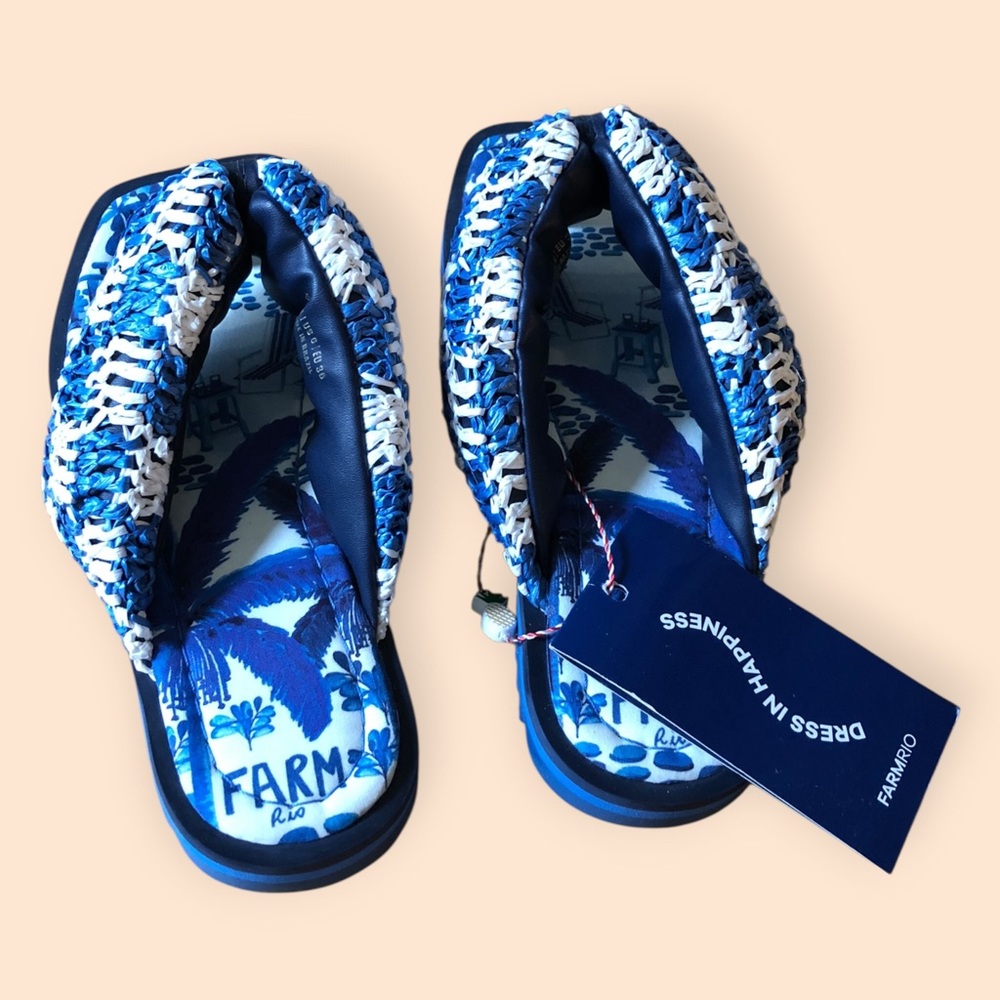 Farm Rio NEW Sweet Rio Raffia Puffy Flip Flop Blue White Vegan Summer Women US 6 - Picture 6 of 16